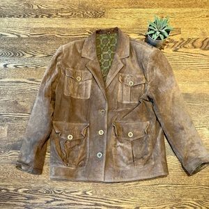 Retro Brown Leather Jacket with Gold Buttons and Paisley Lining.  Size: S.